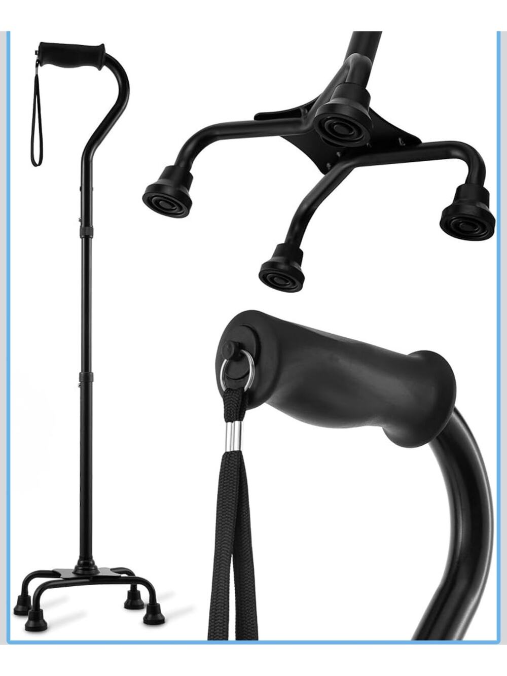 HoneyBull Quad Cane Walking Stick Adjustable 4-Prong Base Lightweight Black